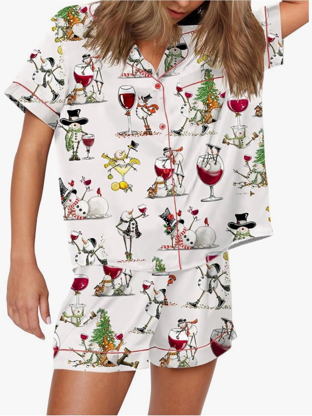 Women's White Snowman & Wine Print Pajama Set